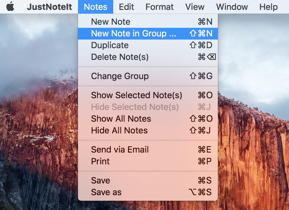 Create a note in the certain group through top menu